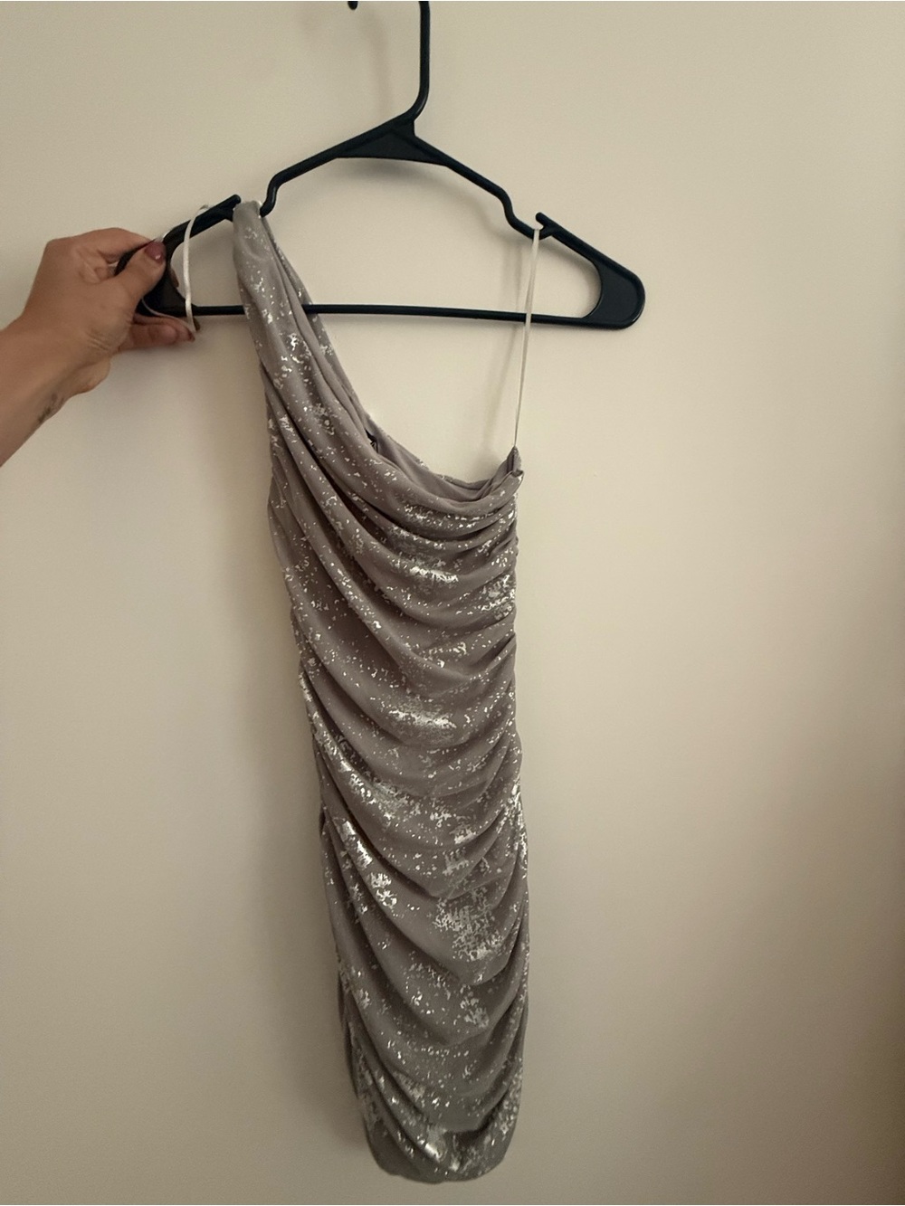 Zara One-Shoulder Ruched Sparkly Dress - Silver